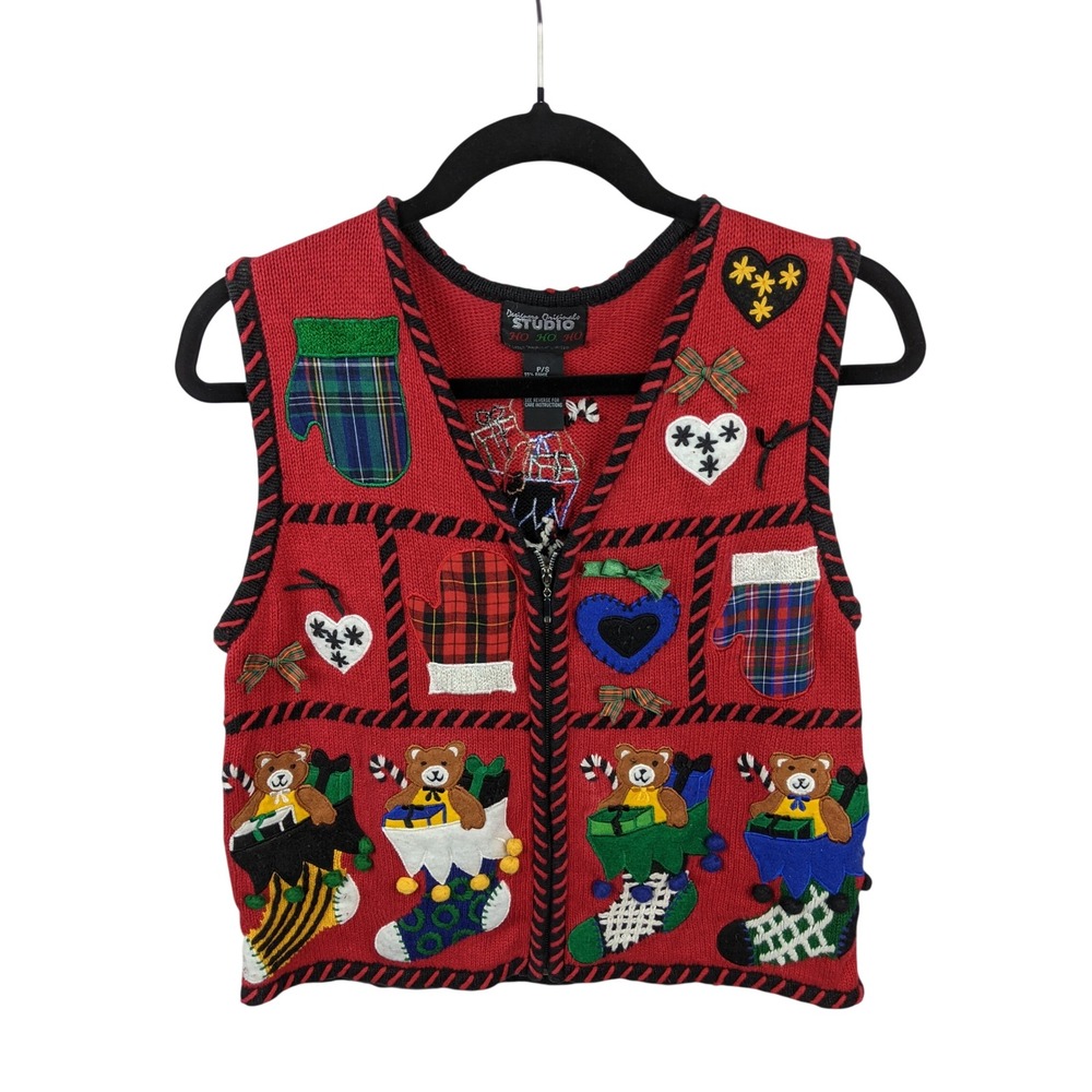 Designers Originals Studio Red Ugly Christmas Sweater Vest Teddy Bears P/S Zip‎